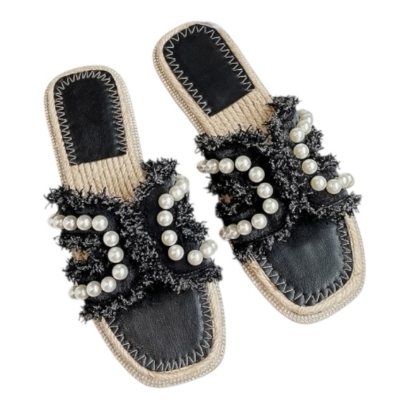 Pearl & Fringe-Detail Black Espadrille Flat Slip-On Sandals. Size 8. - Picture 1 of 10